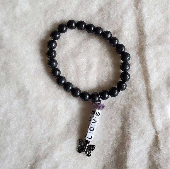 Natural Shungite Bead Bracelet with LOVE Charm - Picture 2 of 4